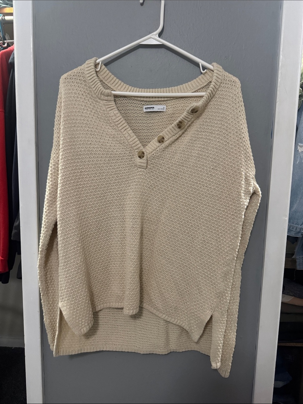 Sonoma Cream V-Neck Button-Trim Knit Sweater